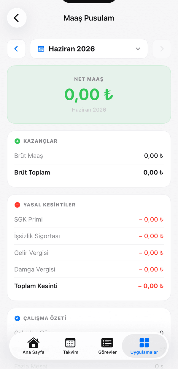 Nord Shift mobil uygulama Maaş Pusulam ekranı — net maaş, kazançlar ve kesintiler