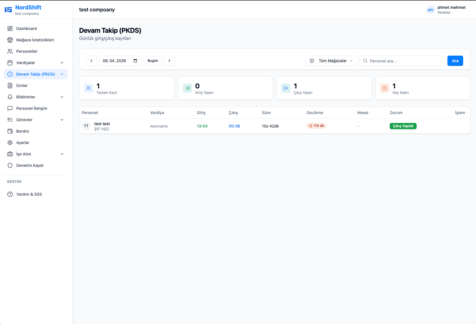Nord Shift web paneli devam takip (PDKS) ekranı — giriş-çıkış kayıtları ve mesai verileri