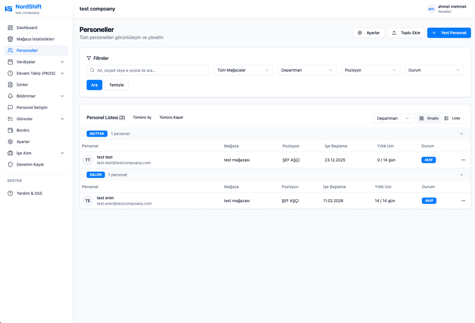 Nord Shift web paneli personel yönetimi ekranı